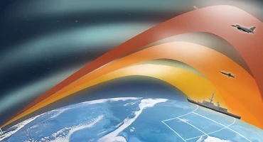 Illustration of missile trajectories arcing from a point above Earth toward two fighter jets and a naval ship, showing colorful paths across the atmosphere over a map of ocean and land.