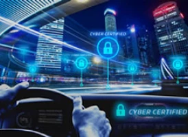 A person drives through a futuristic city at night. Digital padlock icons and the words CYBER CERTIFIED appear, symbolizing cybersecurity and data protection in a connected urban environment.