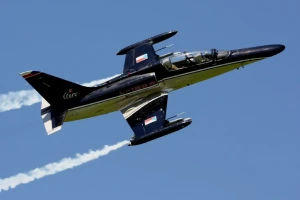 A black jet aircraft with smoke trails flies against a clear blue sky, with visible national insignias on its body and wings.