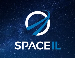 The SpaceIL logo features a white circular design with two blue curved lines, resembling a stylized rocket or orbit, set against a starry night sky—reflecting its dedication to spacecraft communication services. The text SPACEIL appears below in white and blue.
