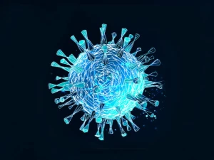 A digital illustration of a blue, spiky virus particle, resembling the coronavirus, set against a dark background. The virus has a spherical shape with protruding spike-like structures.