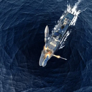 Aerial view of a warship at sea firing two missiles, its advanced naval missile systems leaving bright trails of smoke and flames against the dark, swirling ocean water.