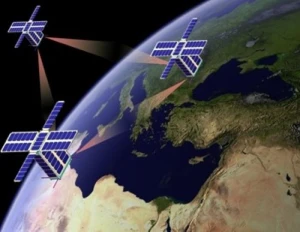Illustration of three nano-satellites orbiting Earth, transmitting signals to different locations on the planet’s surface. The view includes parts of Europe, the Middle East, and North Africa.