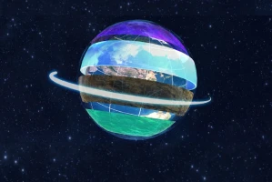 A digitally rendered Earth split into horizontal, floating segments, with a glowing white ring—symbolizing Checkmarx partners—orbiting around it, set against a starry space background.