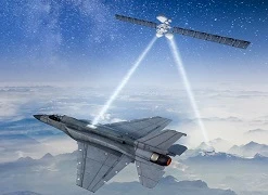 A military jet flies below a satellite in space; beams of light, symbolizing Satcom Terminals, connect the satellite to both the jet and a ground location, illustrating advanced communication or data transfer.