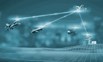 Digital illustration showing fighter jets, a drone, a satellite, and a ground radar station connected by glowing lines, highlighting advanced military communication and surveillance technology enabled by Satcom Terminals.