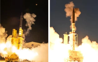 Two images side by side show a missile launching vertically at night, surrounded by smoke and bright flames at the base, with the missile illuminated against a dark sky.