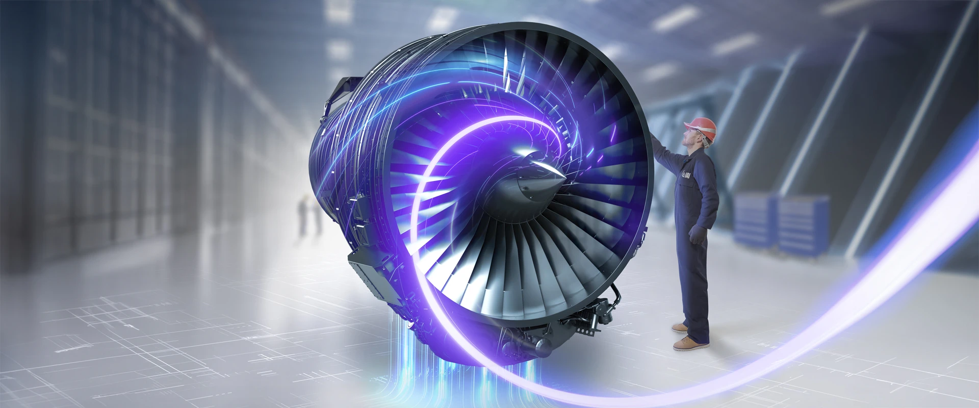 A person in a hard hat and coveralls examines a large jet engine emitting glowing blue and purple digital effects, highlighting advanced Engines MRO practices in a futuristic, high-tech environment.
