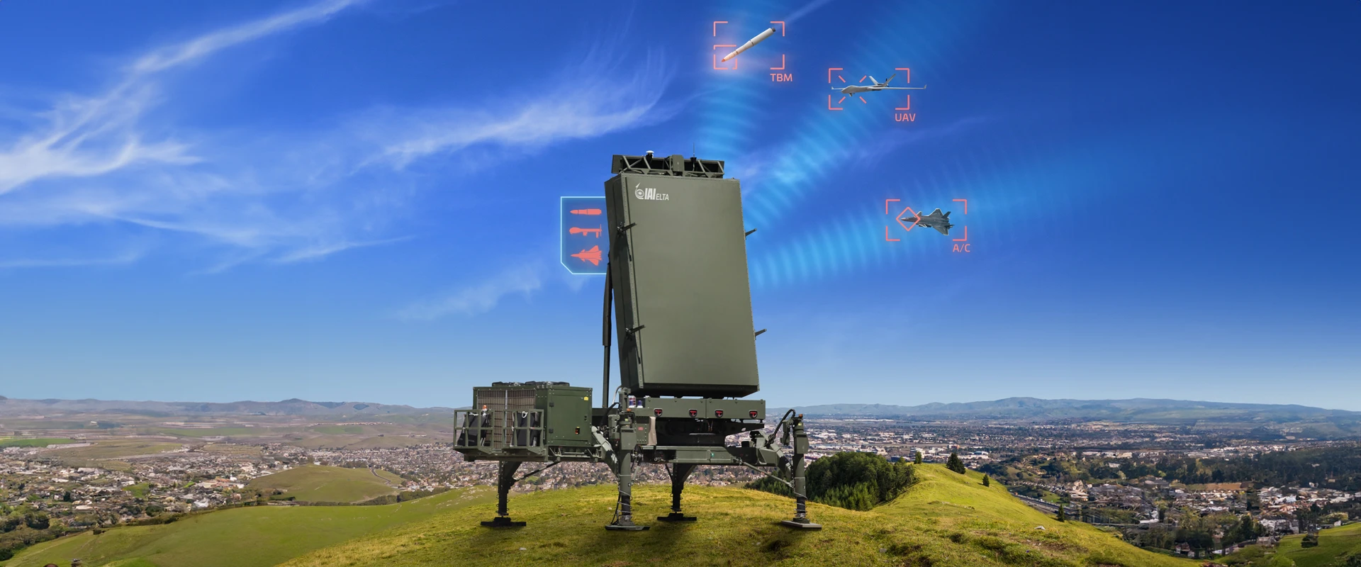 A multi mission radar system stands on a grassy hill overlooking a town, scanning the sky with digital blue waves and detecting aircraft, a drone, and a missile illustrated by red icons.