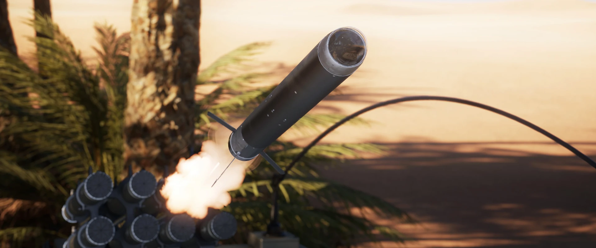 A close-up of an anti tank missile launching from a military launcher, with flames visible at the rear. Palm leaves and a tree trunk in the background suggest a tropical environment.