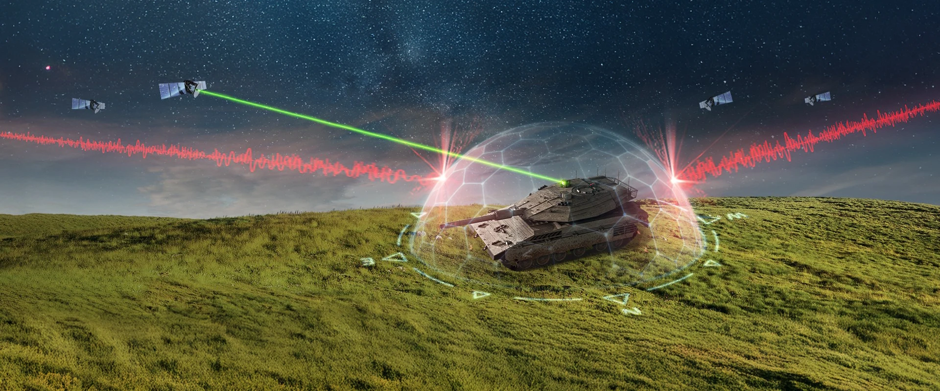 A tank on a grassy hill is protected by an ADA-O transparent dome-shaped shield, deflecting laser beams from satellites in a starry night sky, with digital effects overlayed.