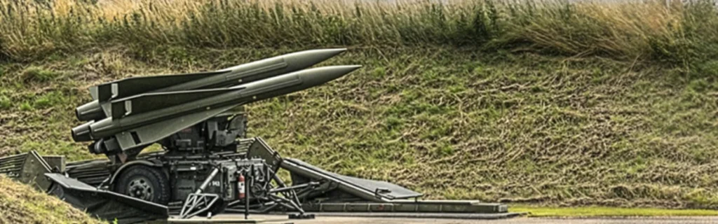 Three large military missiles, part of an s air defence system, are mounted on a launch platform outdoors, with grassy earthworks in the background and a cloudy sky overhead.