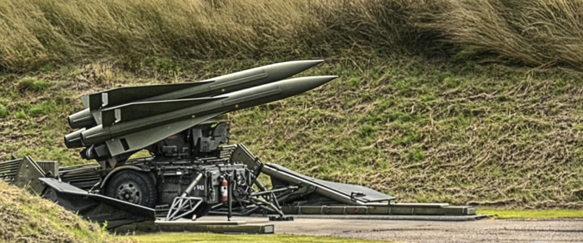 A military s air defence surface-to-air missile system with two large missiles mounted on a launcher is positioned outdoors on a concrete pad, surrounded by grassy hills.