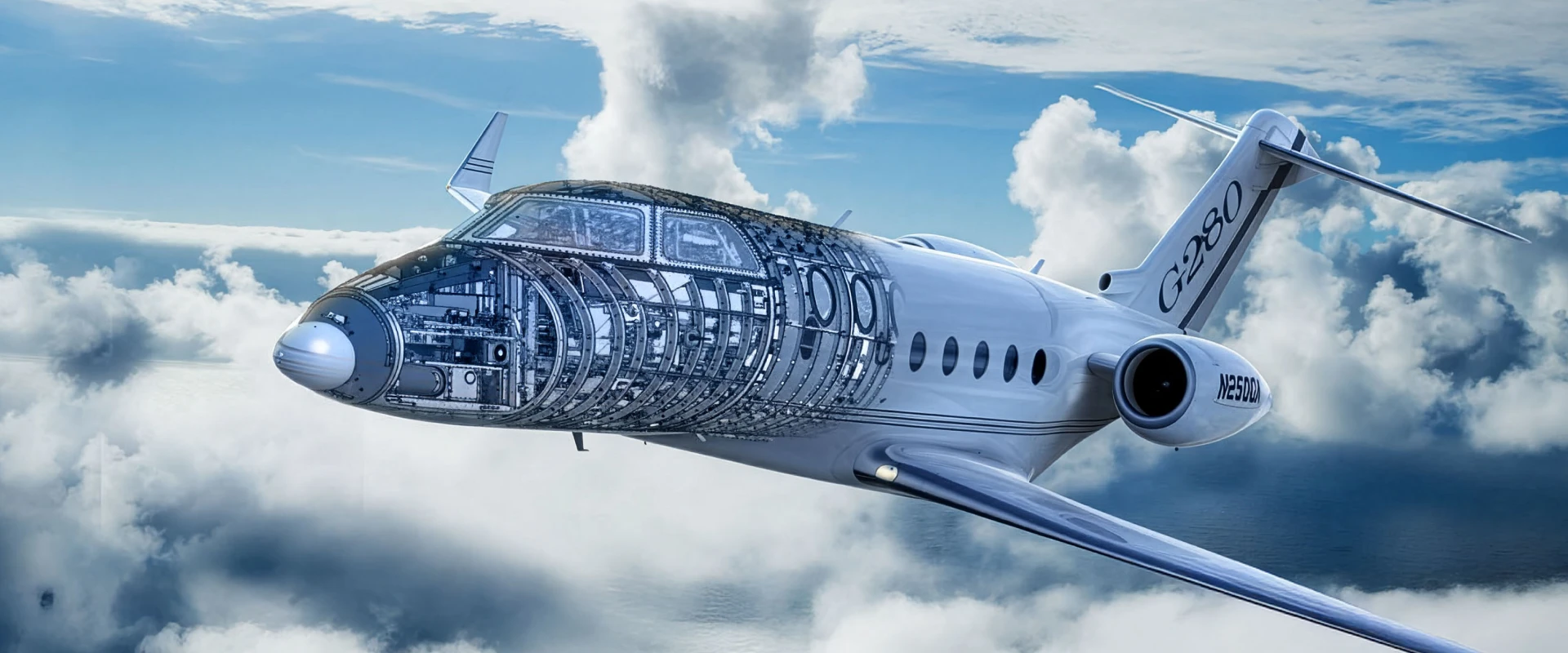 A private jet flies above the clouds with part of its fuselage shown as transparent, revealing the intricate mechanical and electronic interior components—showcasing innovation in Aircraft Development.