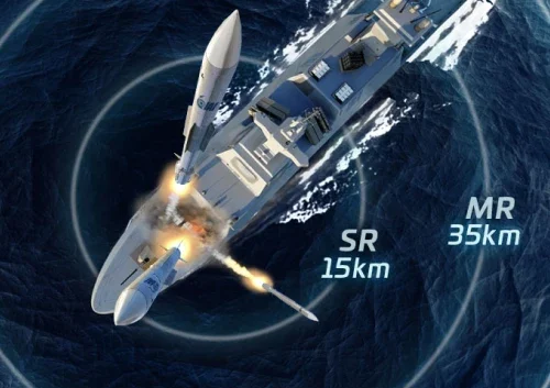 A naval ship at sea demonstrates its naval missile defence capabilities by launching two missiles—one labeled SR 15km and the other MR 35km—with circular range indicators surrounding the vessel.