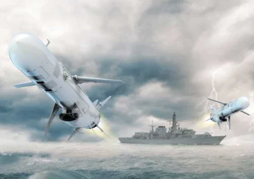 Two to surface missiles are flying over a turbulent sea towards a gray military warship under a cloudy, stormy sky, with lightning flashing in the background.