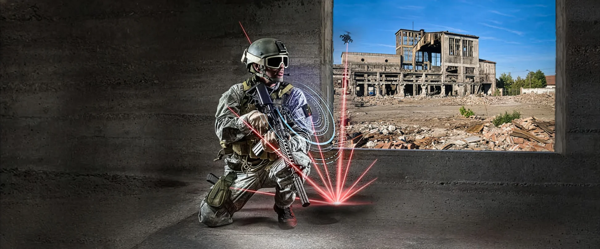 A soldier in tactical gear kneels inside a dark building, holding a rifle with digital targeting graphics from a tactical identification system. Through a window, a ruined industrial structure and debris are visible under a blue sky.