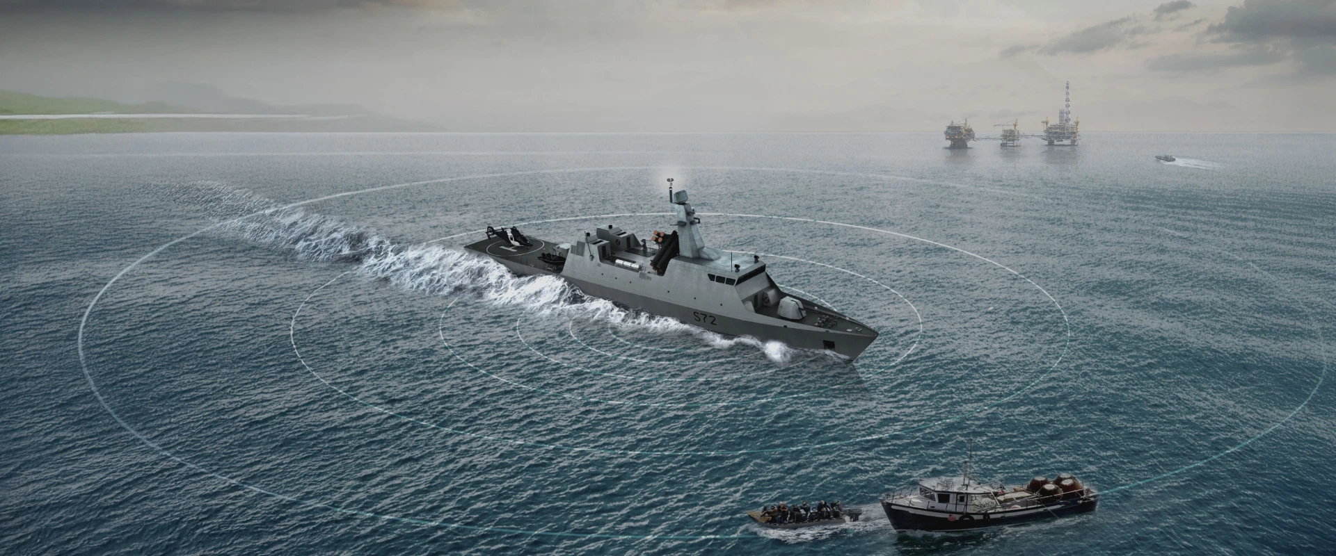 A navy ship equipped with an OPV SIGINT system sails in the ocean, creating concentric radar circles on the water. Two smaller boats move nearby, and oil platforms are visible on the horizon under a cloudy sky.