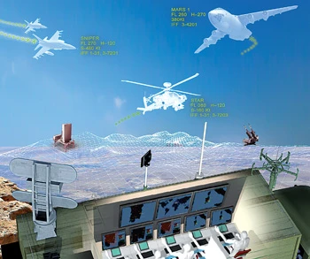 A digital illustration showing an IAI military command center with screens and personnel, monitoring aircraft and a helicopter flying over a simulated battlefield, with satellite data labels overlaid on each vehicle in the sky.