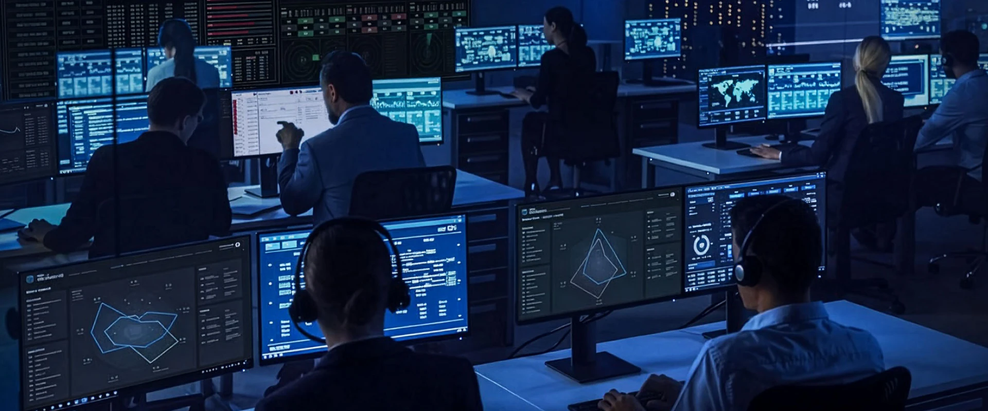 People sitting at desks in a dark room, facing multiple computer monitors displaying data graphs and security dashboards, suggesting a centralized cyber defence operations center environment.
