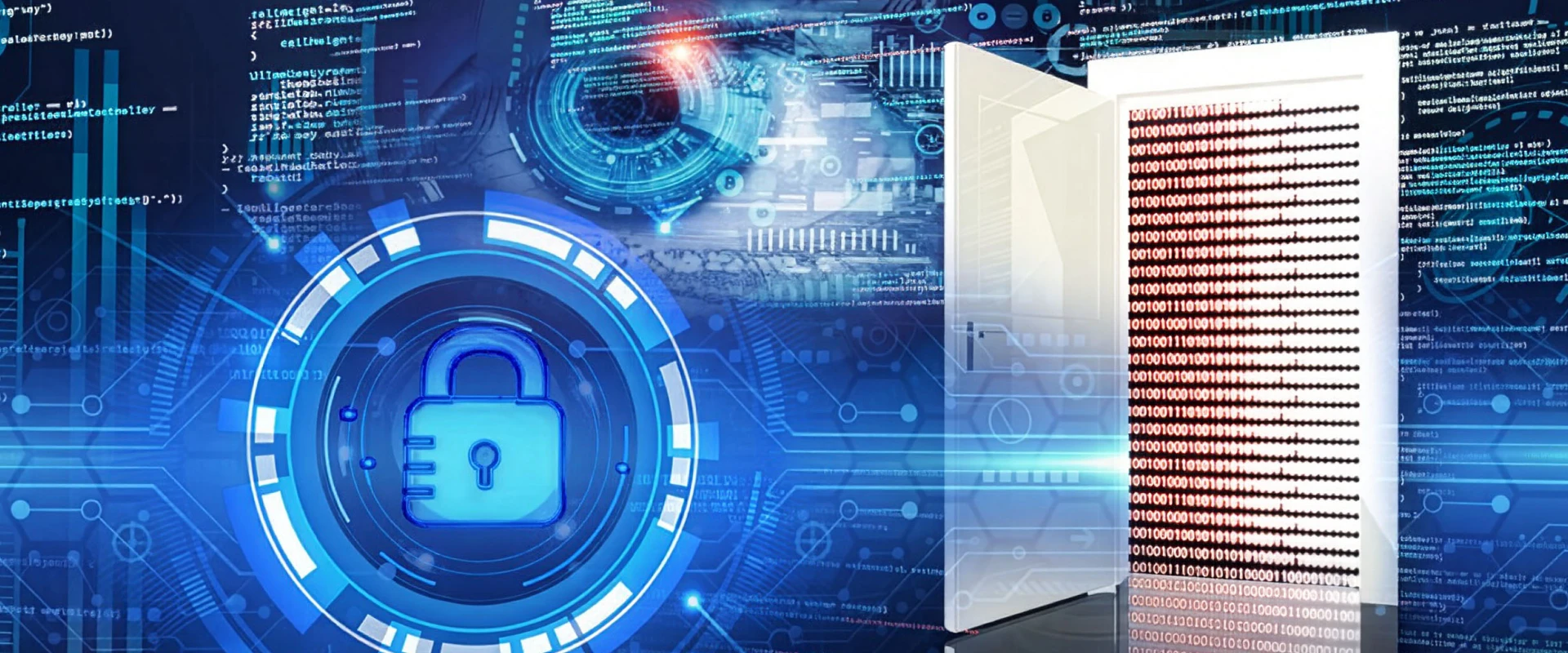 A digital illustration showing a blue padlock inside a circular interface, symbolizing Cyfo cybersecurity, next to an open door revealing a wall of binary code, with computer code and futuristic graphics in the background.