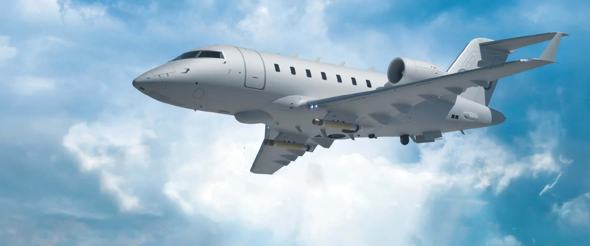 A white MPA ELI-3360 private jet with two engines soars through a partly cloudy blue sky, viewed from below and slightly to the side.