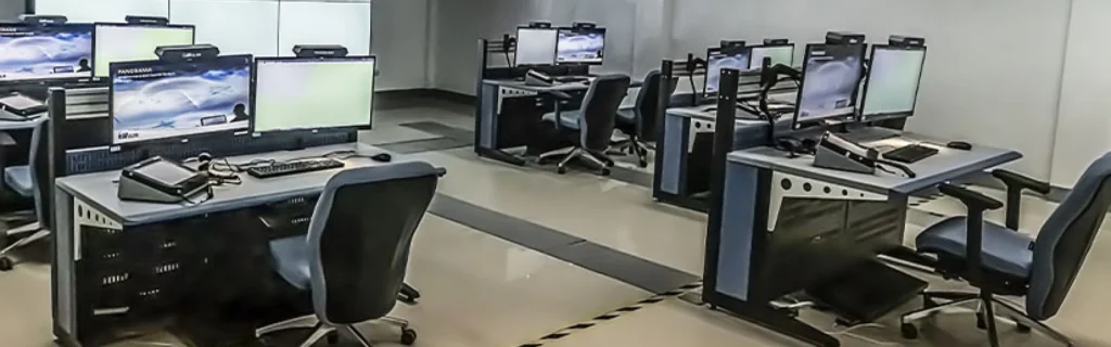 A modern office room with several workstations equipped with multiple computer monitors, keyboards, phones, office chairs, and a control system, all arranged in rows on a shiny tiled floor.
