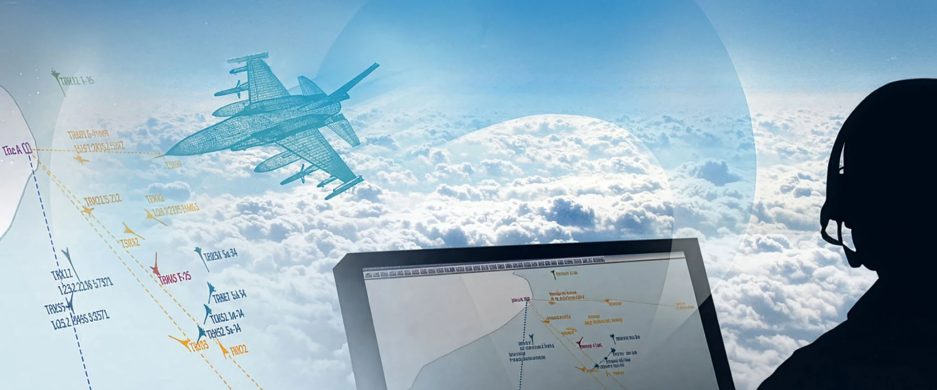 Silhouette of a person with a headset monitors a radar screen and control system displaying flight data, while a digital illustration of a fighter jet flies above clouds in a blue sky. Multicolored flight paths and numbers are overlaid on the image.