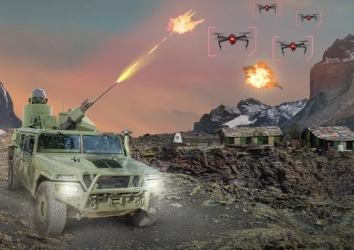 A military vehicle fires at a group of ELI-4030 Drone Guard Gen 5 drones, some exploding in midair, in a rugged, mountainous landscape with small buildings in the background, under a dramatic sky.