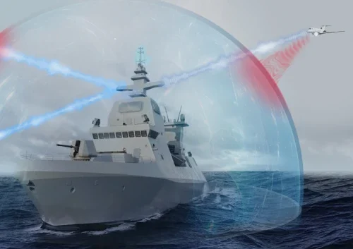 A navy warship at sea uses an advanced ECM navy system to power a transparent dome-shaped shield, blocking a red laser beam from an approaching aircraft while emitting a blue laser in defence. The sky is cloudy above the ocean.