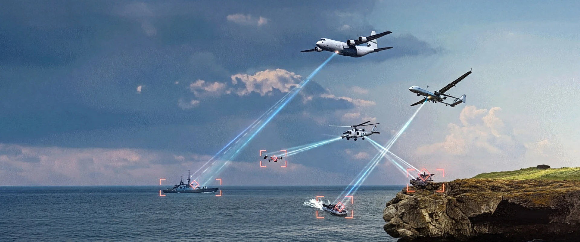 Military aircraft, drones, and a helicopter equipped with surveillance AESA radar use blue laser beams to target enemy ships and ground vehicles near a coastline under a partly cloudy sky. Red targeting squares highlight each target.