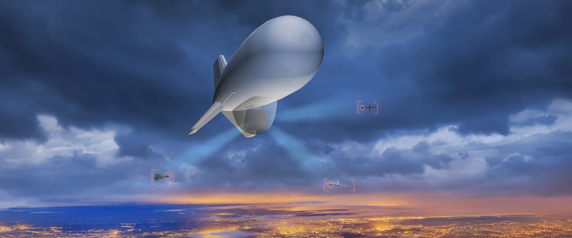 A futuristic airship equipped with early warning radar floats in a dramatic sky above a city at sunset, emitting blue beams of light. Three smaller drones with red outlines hover nearby.
