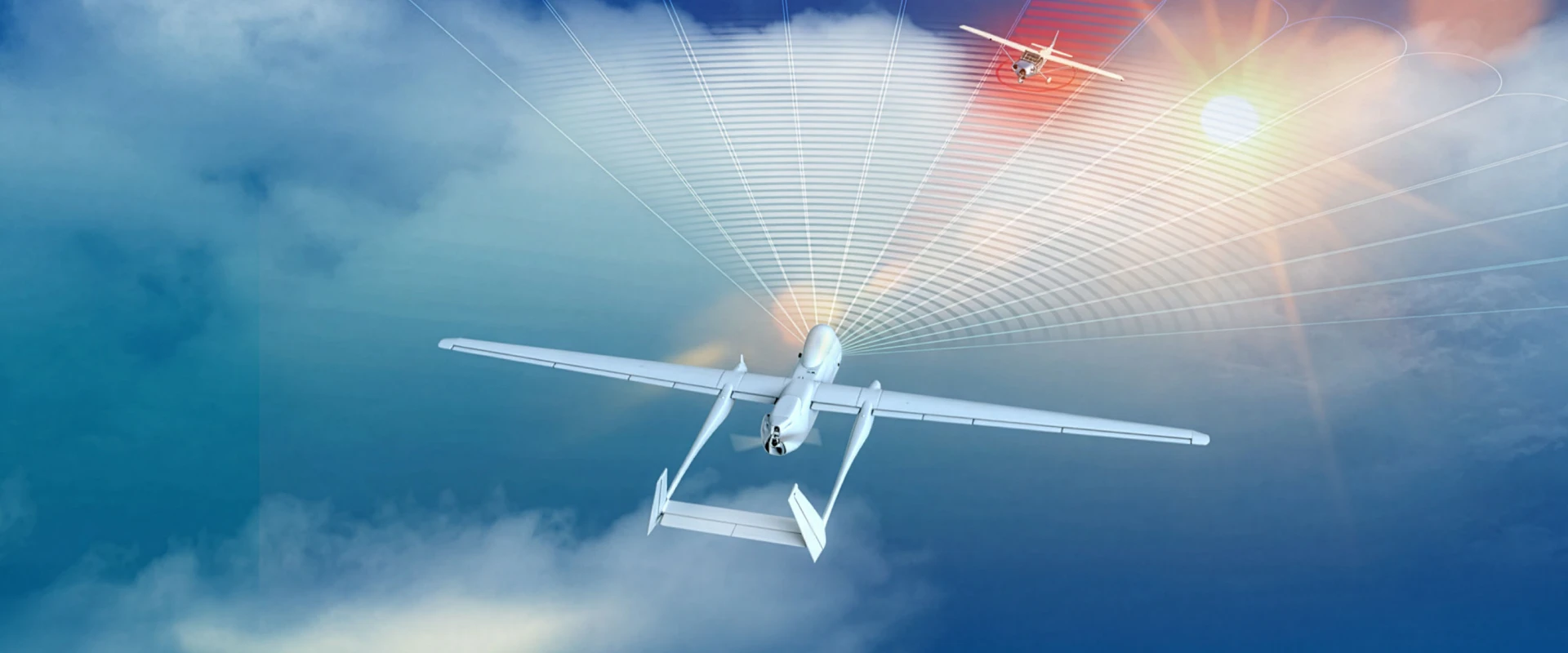 Two drones fly through the sky, surrounded by clouds. Radiating lines and a glowing sun highlight the path and communication as they travel at different altitudes and avoid radar detection.