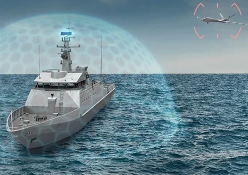 A naval vessel at sea is surrounded by a blue digital shield, indicating a 3D surveillance radar defence system. In the sky, a drone is targeted with a red crosshair overlay. The sea and sky are calm and blue.