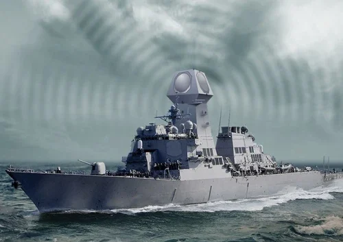 A gray military warship sails through the ocean under a cloudy sky, equipped with a multifunctional radar on its structure, emitting visible circular waves into the air.