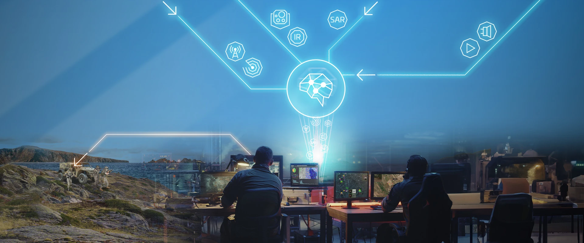 Two people work at computers in a modern office; above them, digital graphics display a network of glowing icons and lines connected to a central integrated intelligence system, seamlessly blending technology and nature.