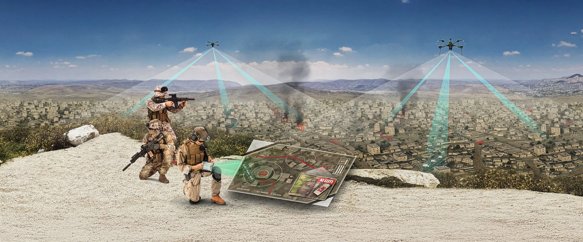 Two soldiers in tactical gear observe a city from a hilltop. Drones equipped with a persistent surveillance system scan the city with blue beams as a digital map displaying target data is projected on the ground beside them.