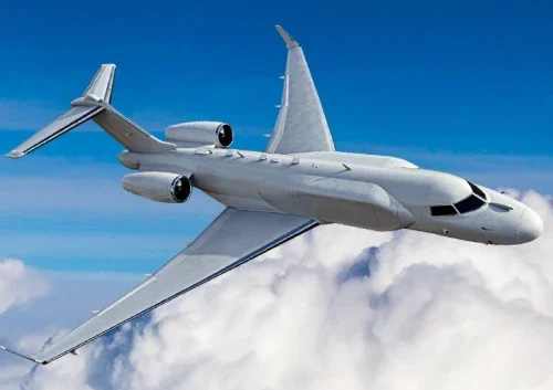 A white surveillance aircraft with two engines flies above the clouds against a blue sky, featuring swept-back wings and visible antenna structures on its fuselage, ideal for advanced in class systems operations.