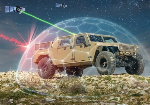 A tan military vehicle is parked on rocky terrain under a starry sky. A digital shield surrounds it, while green and red laser beams from its GNSS system mini connect to satellites above.