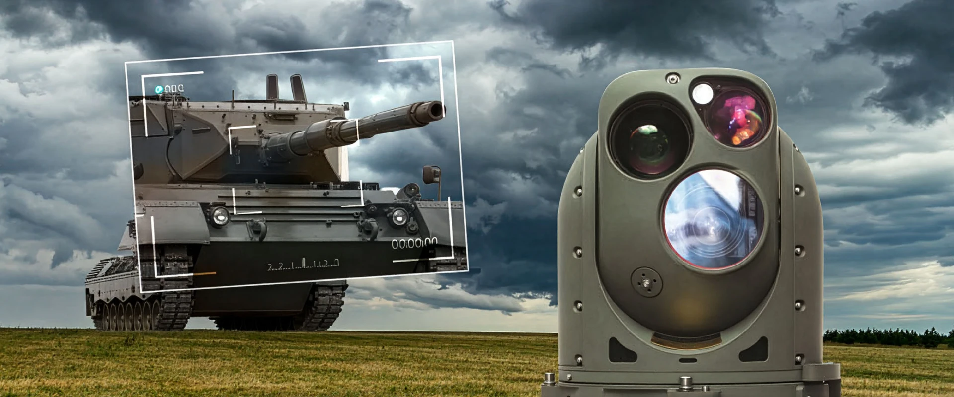 A military tank in a grassy field is viewed through an advanced observation system, with a close-up of an optical and infrared sensor device in the foreground under a cloudy sky.