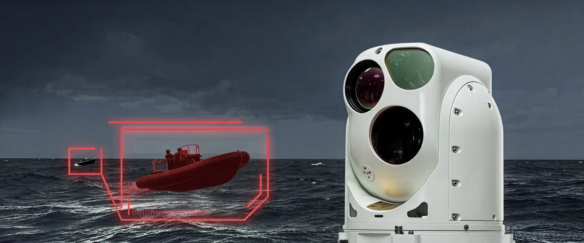 A white surveillance camera with a compact sonar system faces the ocean, detecting a red outlined speedboat with two people in rough waters under a cloudy sky.