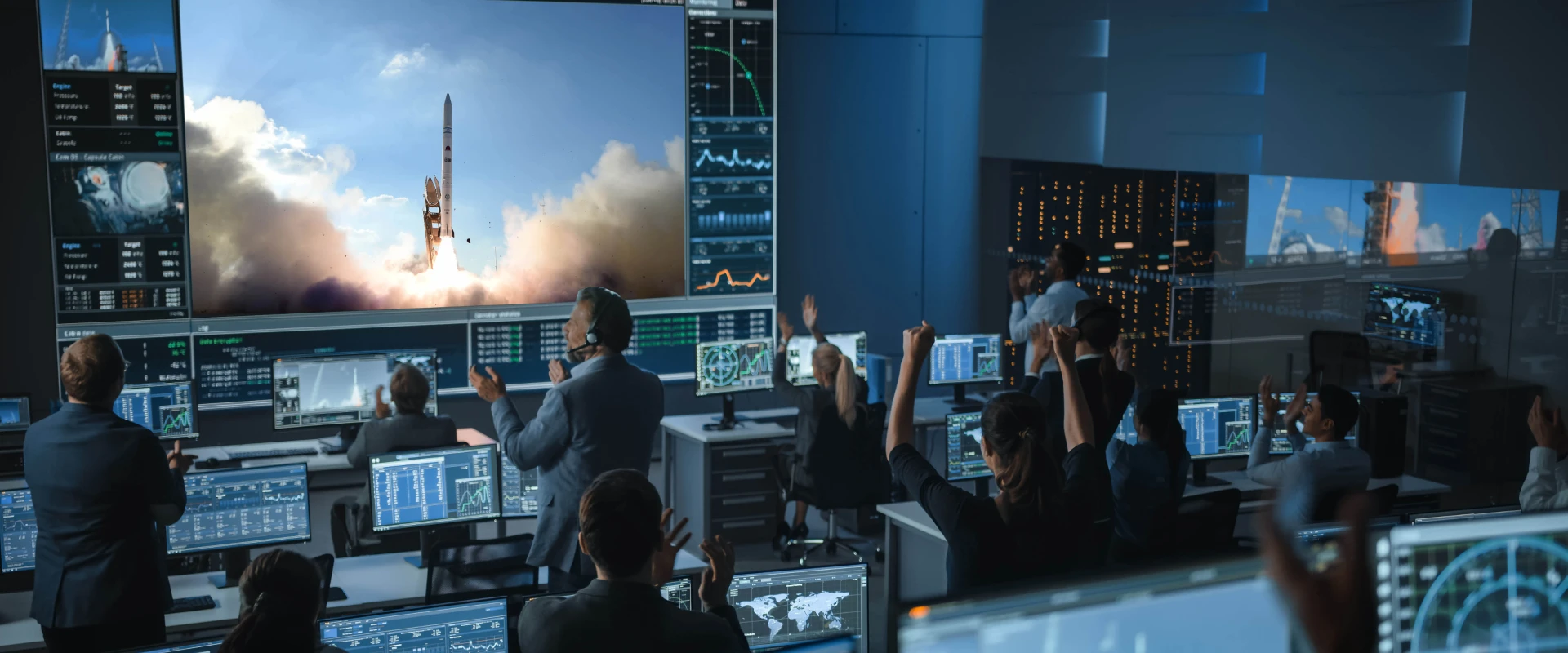 Engineers and scientists in a Mission Center control room cheer and applaud while watching a rocket launch on large screens, surrounded by computers and technical monitors displaying real-time data.