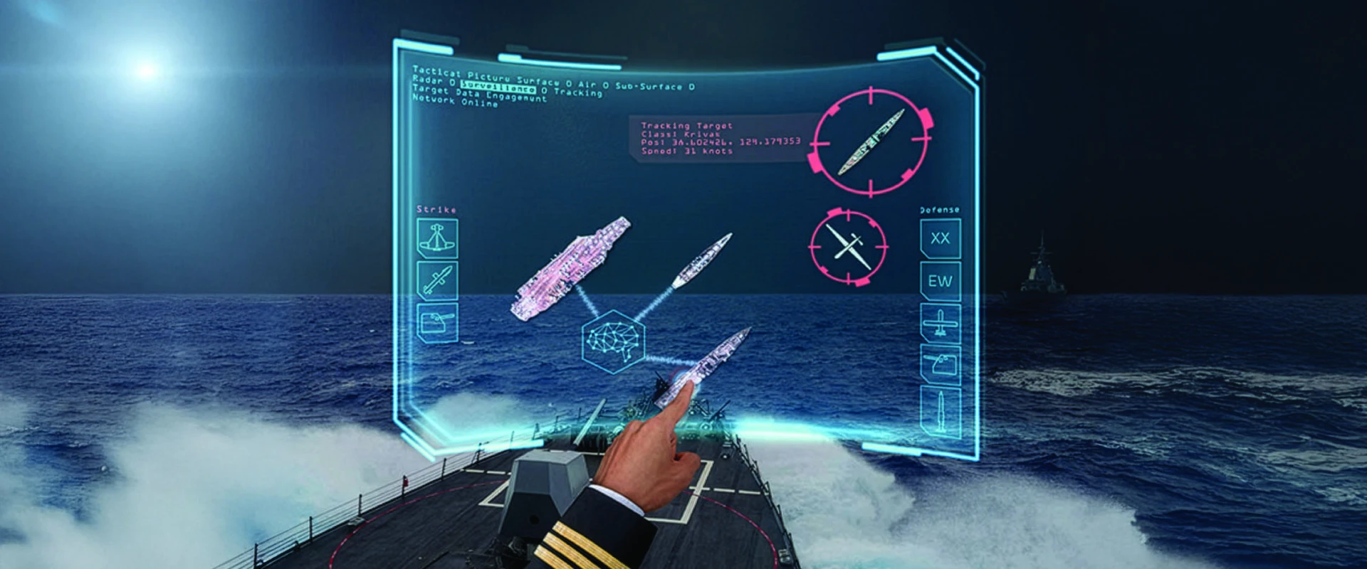 A person in a naval uniform interacts with a transparent, futuristic digital display showing ships, radar, and naval CMS navigation data while standing on a ship at sea.