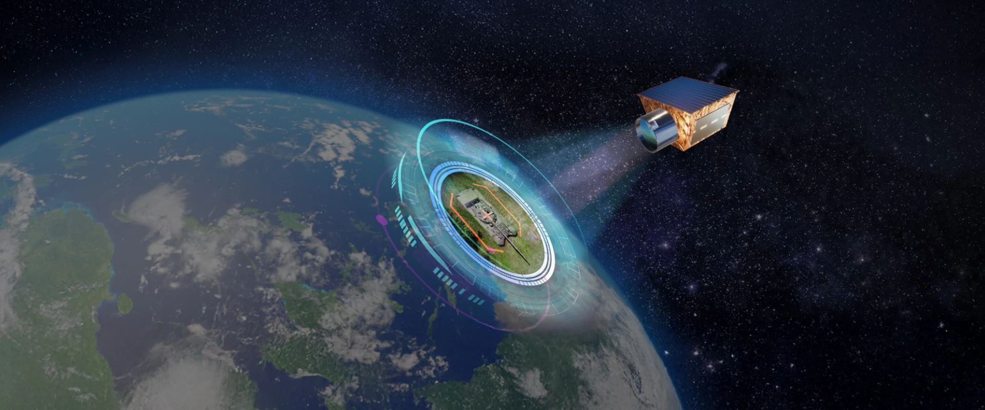 A satellite in space, such as OPTSAT 500, beams signals to a specific area on Earth, highlighting a house with blue concentric circles to symbolize data transmission or satellite communication.