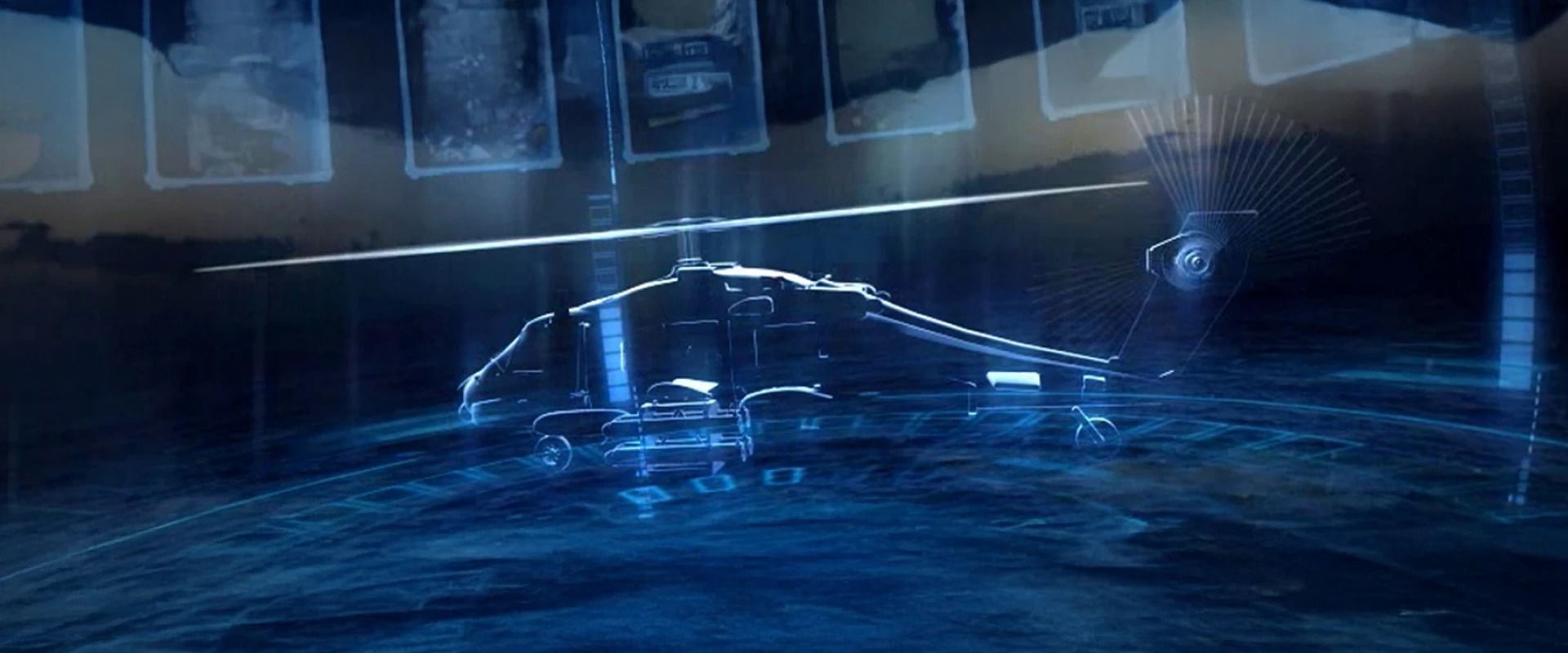 A digital hologram of a military helicopter with helicopter radar included hovers above a blue, data-filled surface, enhanced by a futuristic interface overlay in the background.