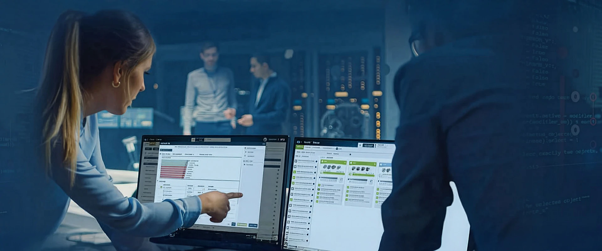 A woman points at data on a computer monitor while discussing TAME Range insights with a colleague; two more people are blurred in the background, standing in a modern, high-tech office with multiple screens.