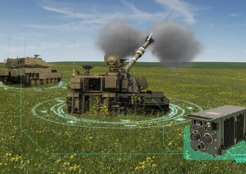 A military tank fires in a grassy field with digital graphics highlighting its position. Another armored vehicle and an electronic device, possibly equipped with TMAPS technology, suggest advanced communication or targeting capabilities.