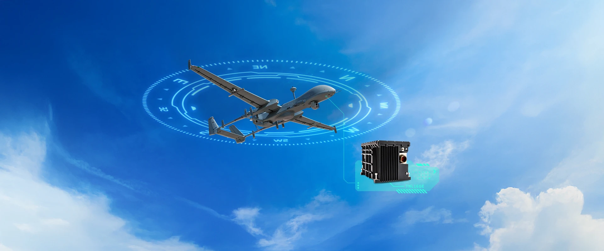 A drone flies in a blue sky with a digital compass overlay, while an airborne navigation system is highlighted in the foreground, suggesting advanced navigation or communication technology.