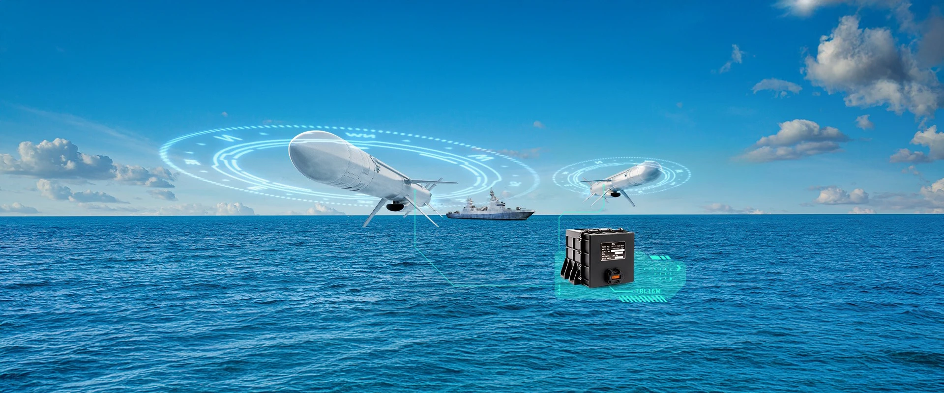 Two military ships and two drones from IAI ELTA Systems float on the ocean under a blue sky, with digital graphics showing communication or radar signals, and a black equipment box highlighted on the water’s surface.