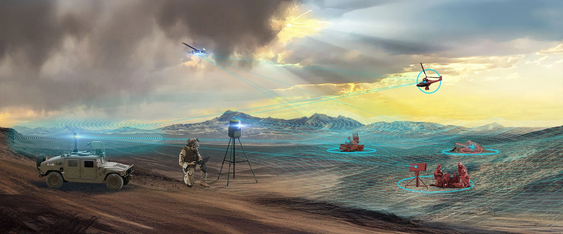 A futuristic military scene shows a soldier, vehicle, and equipment on hilly desert terrain as a tactical sigint system links vehicles, drones, and targets with digital blue lines across the dramatic sky.